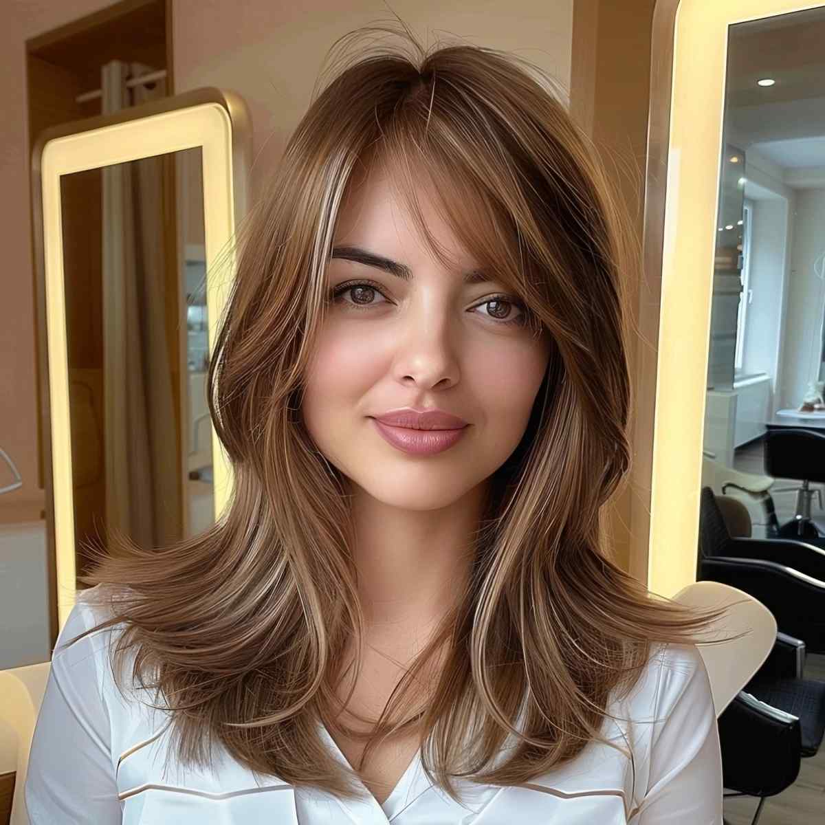 Youthful mid-length layered cut with side bangs
