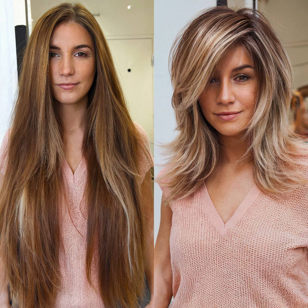 Before and after of long brown hair transformed into a mid-length layered cut with feathered ends and blonde highlights