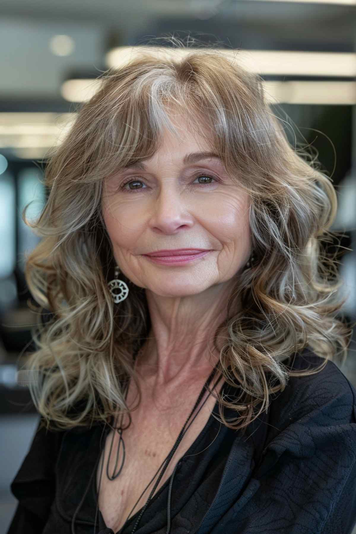 Woman with mid-length layers and soft curls, featuring natural highlights for added depth