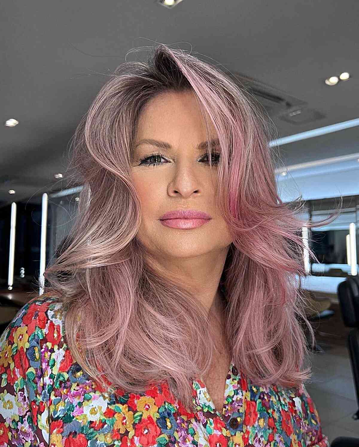 Mid-Length Pink Balayage for Ladies Aged Fifty with layers and a side part