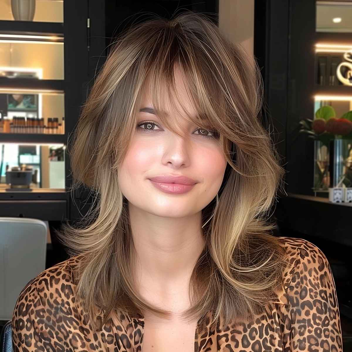 Mid-Length Razor Cut with Long Bangs and Short Layers for Square Faces