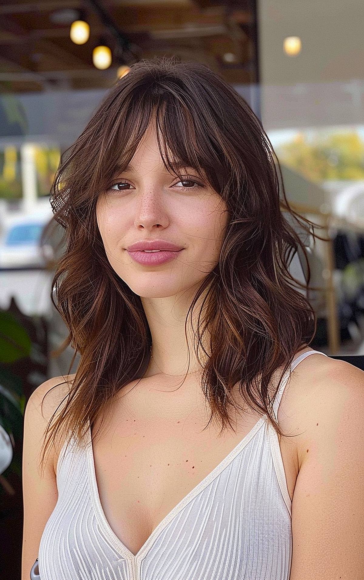 Mid length shaggy haircut with bangs and layers for medium shag haircuts