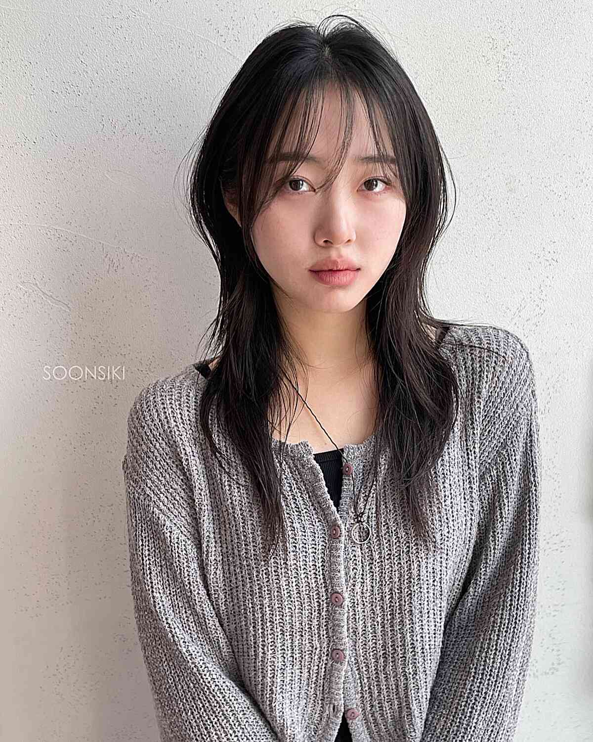 Mid-Length Soft Mullet Hush Cut with Airy Bangs
