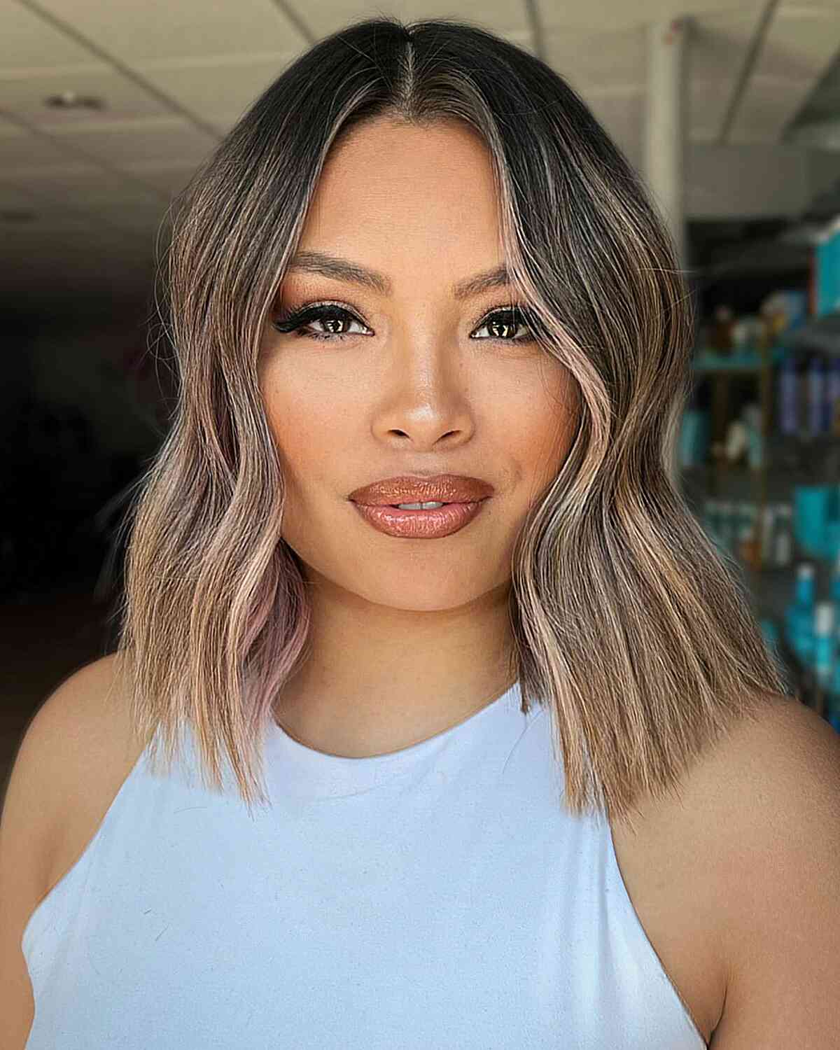 Middle-Part Blunt Bob with Hints of Rose Gold
