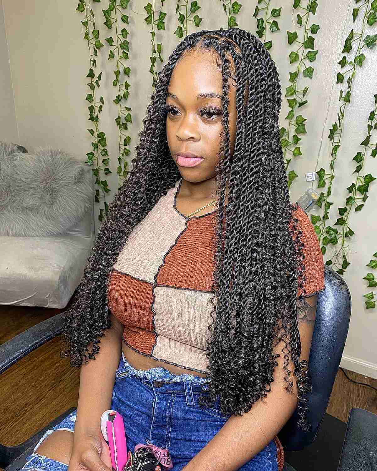 Very Long Middle Part Knotless Box Braids with Spiral Ends