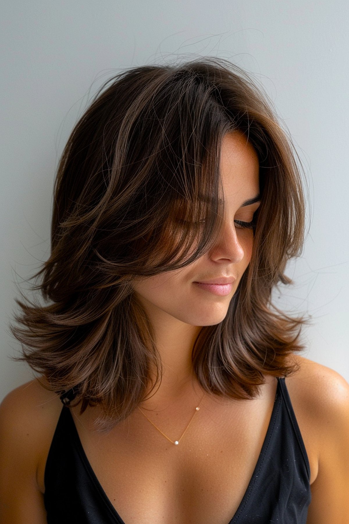 Middle part medium haircut with face-framing layers