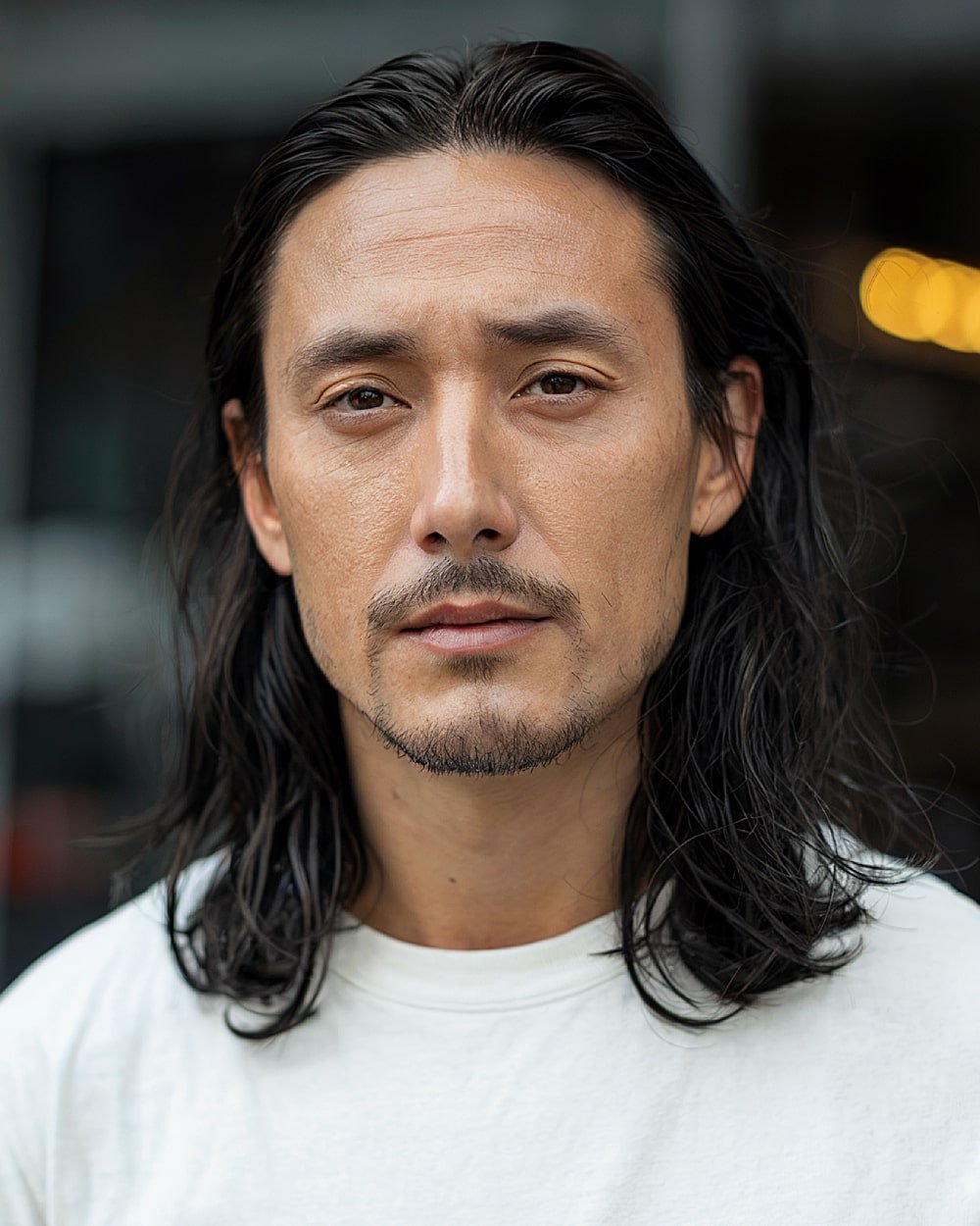 Middle part long straight hairstyle with natural finish for men