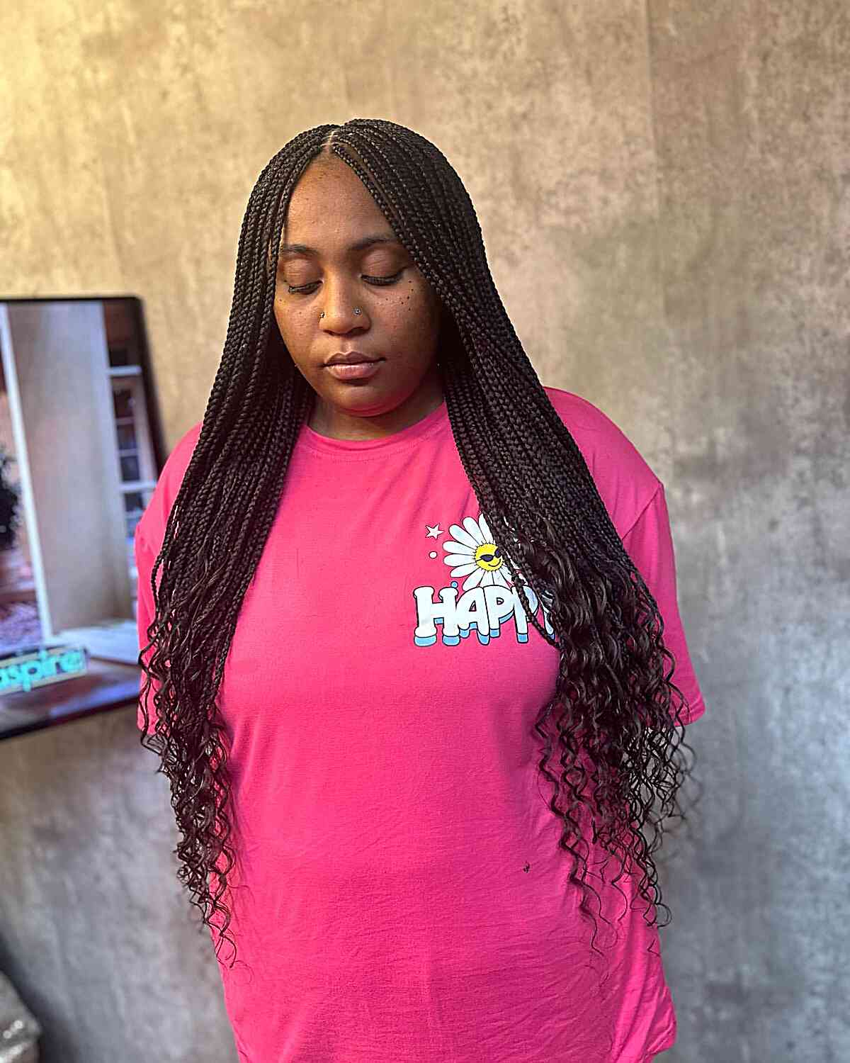 Hip-Length Middle Part Micro Braids with Curly Ends