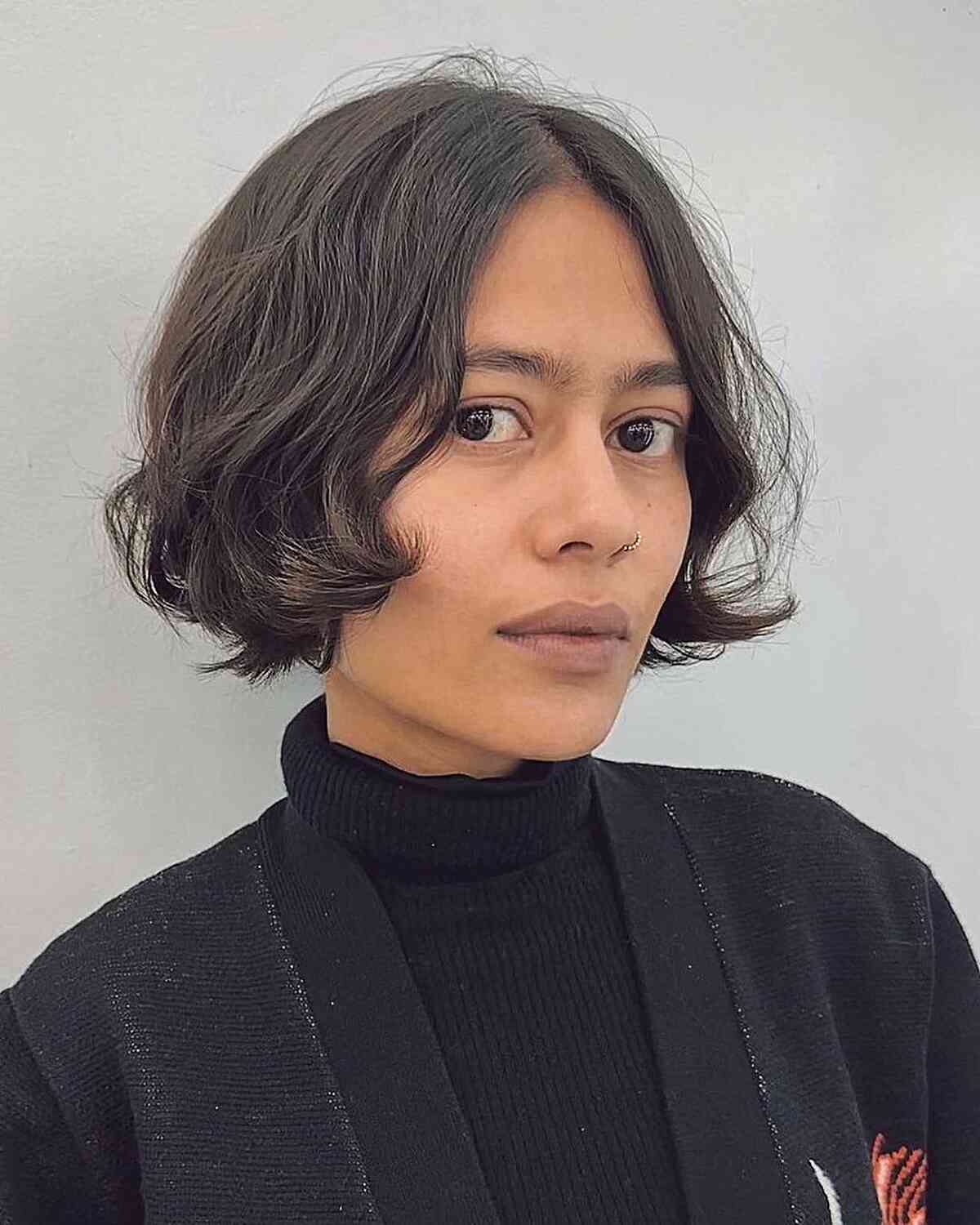 Middle Part Waves on Jaw-Length Short Hair with Natural Dark Color