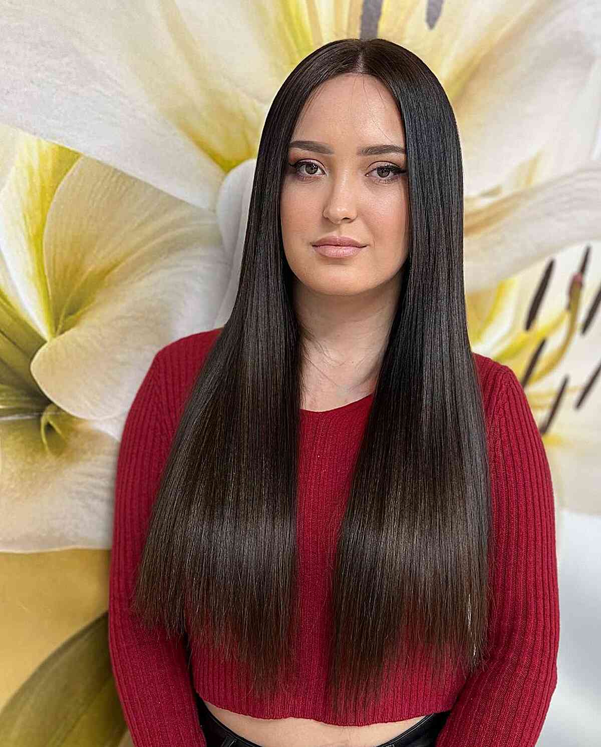 Middle-Parted Long Straight Brown Hair