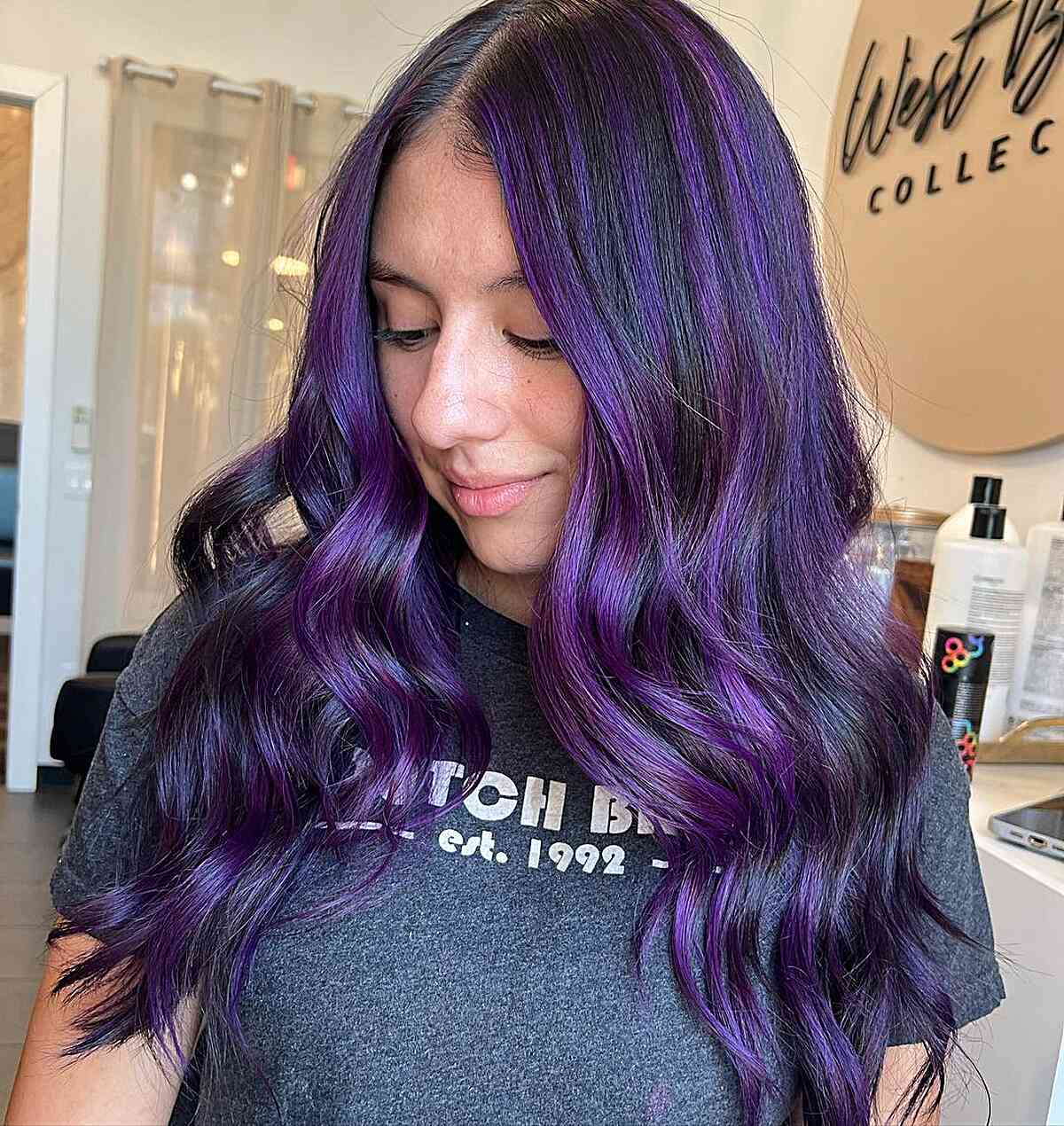 Midnight Purple Balayage Highlights on Middle Part Dark Hair