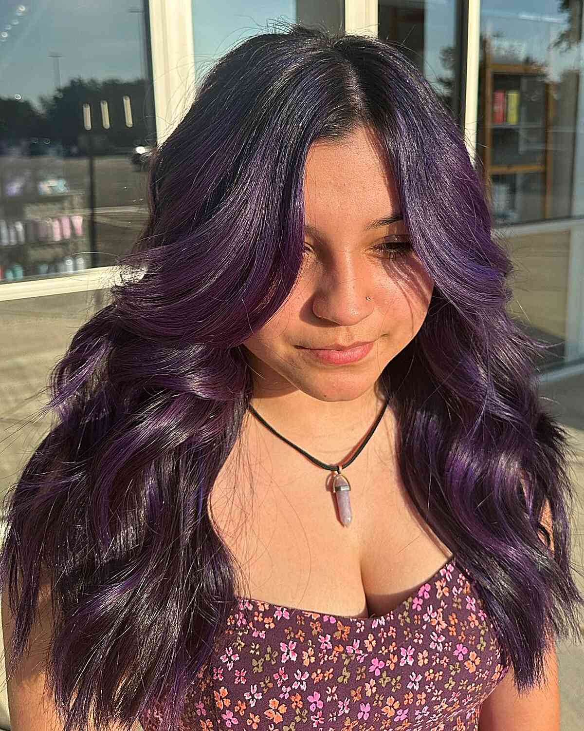 Midnight Purple Grape Soda Balayage for Long Wavy Hair