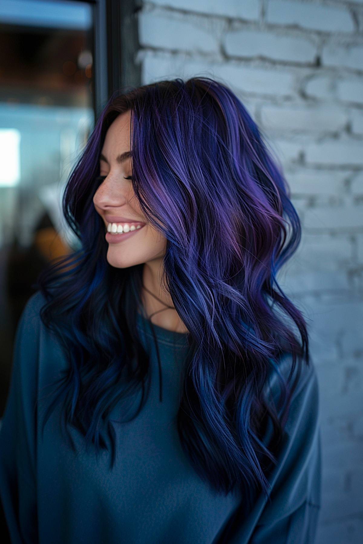 Deep midnight blue and purple long waves for bold hair