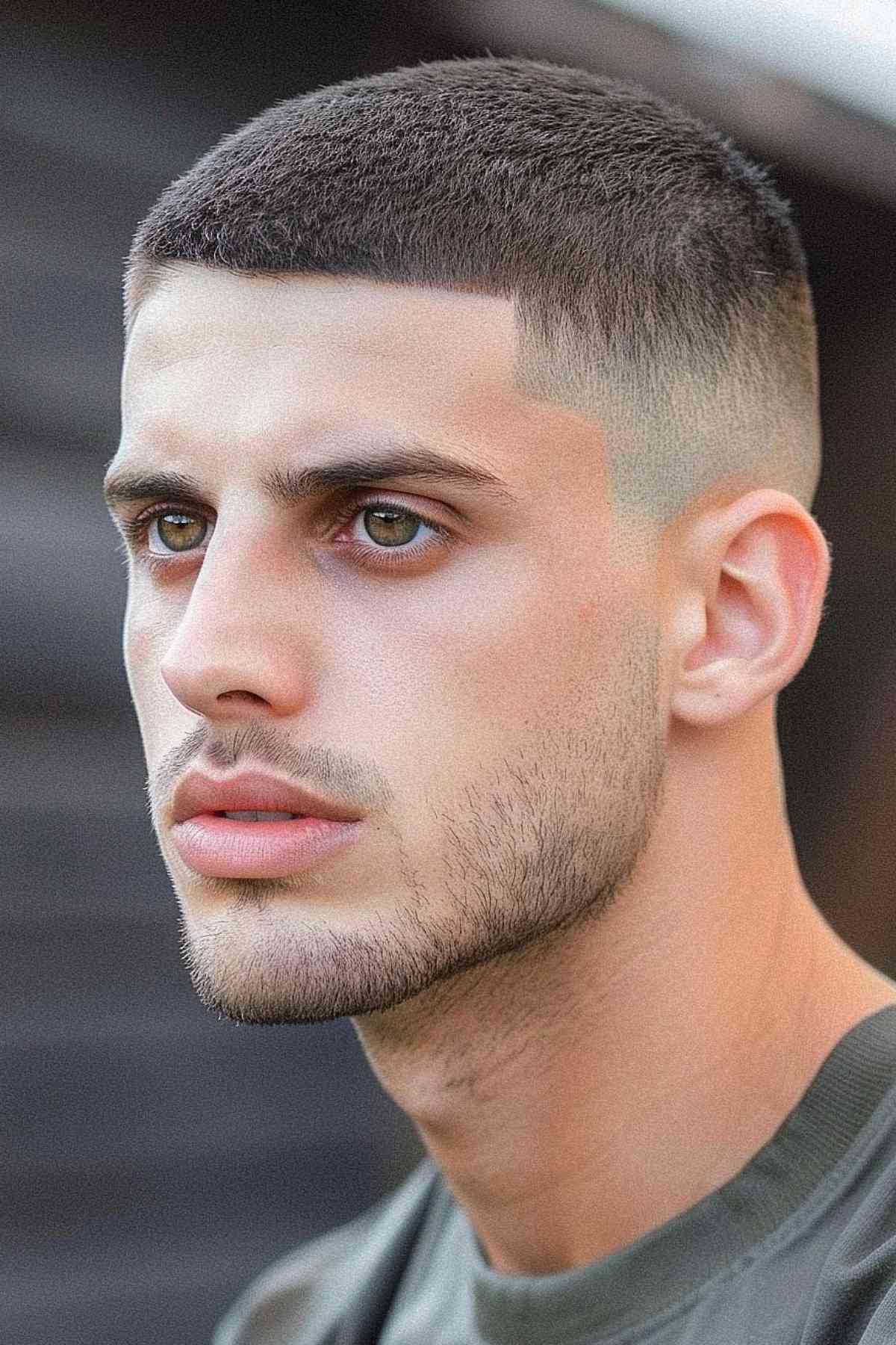 Tightly faded military crew cut hairstyle
