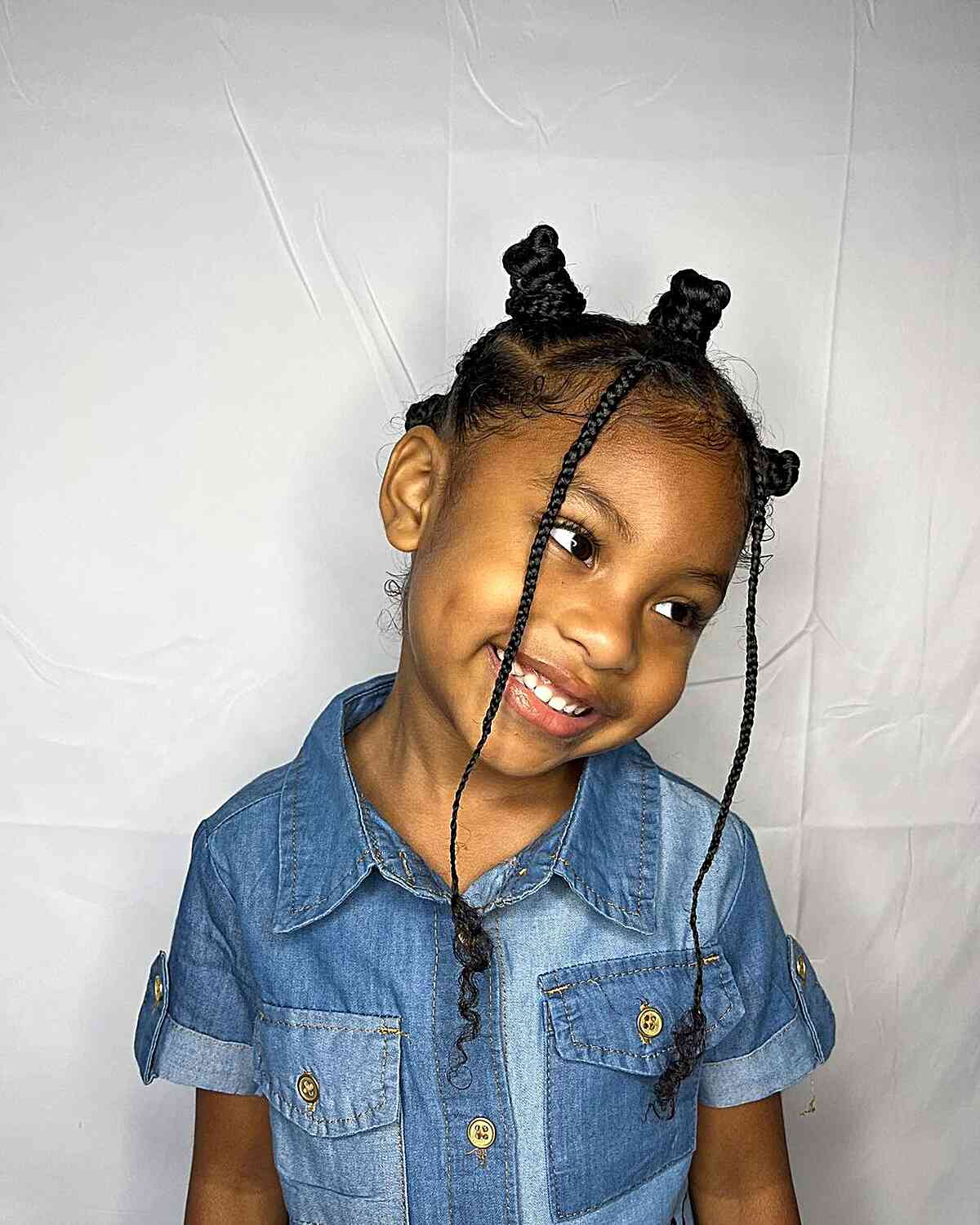 Mini Bantu Knots with Face-Framing Box Braids for Young Black Kids