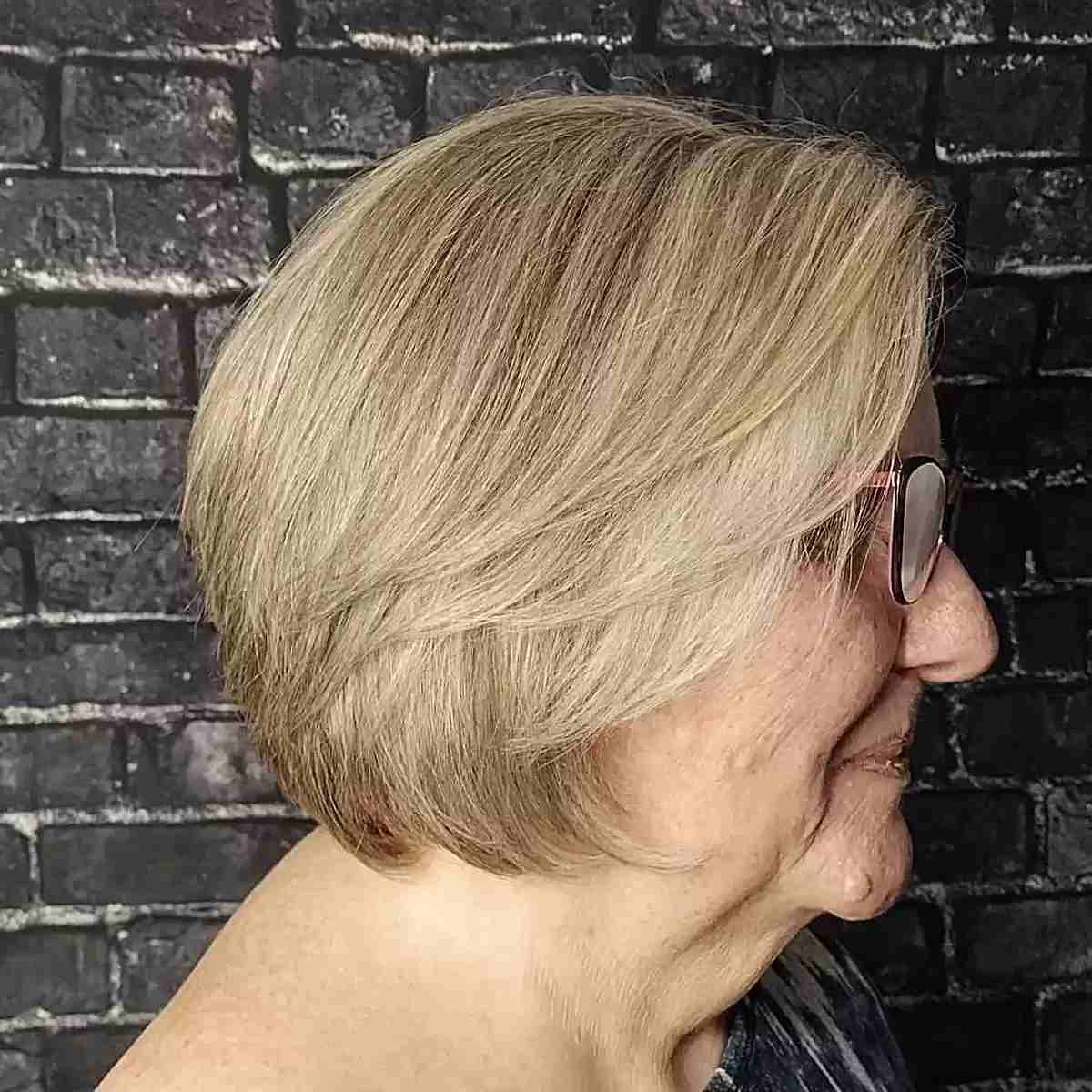 Mini Blonde Bob with Wispy Butterfly Layers for Seniors with Glasses