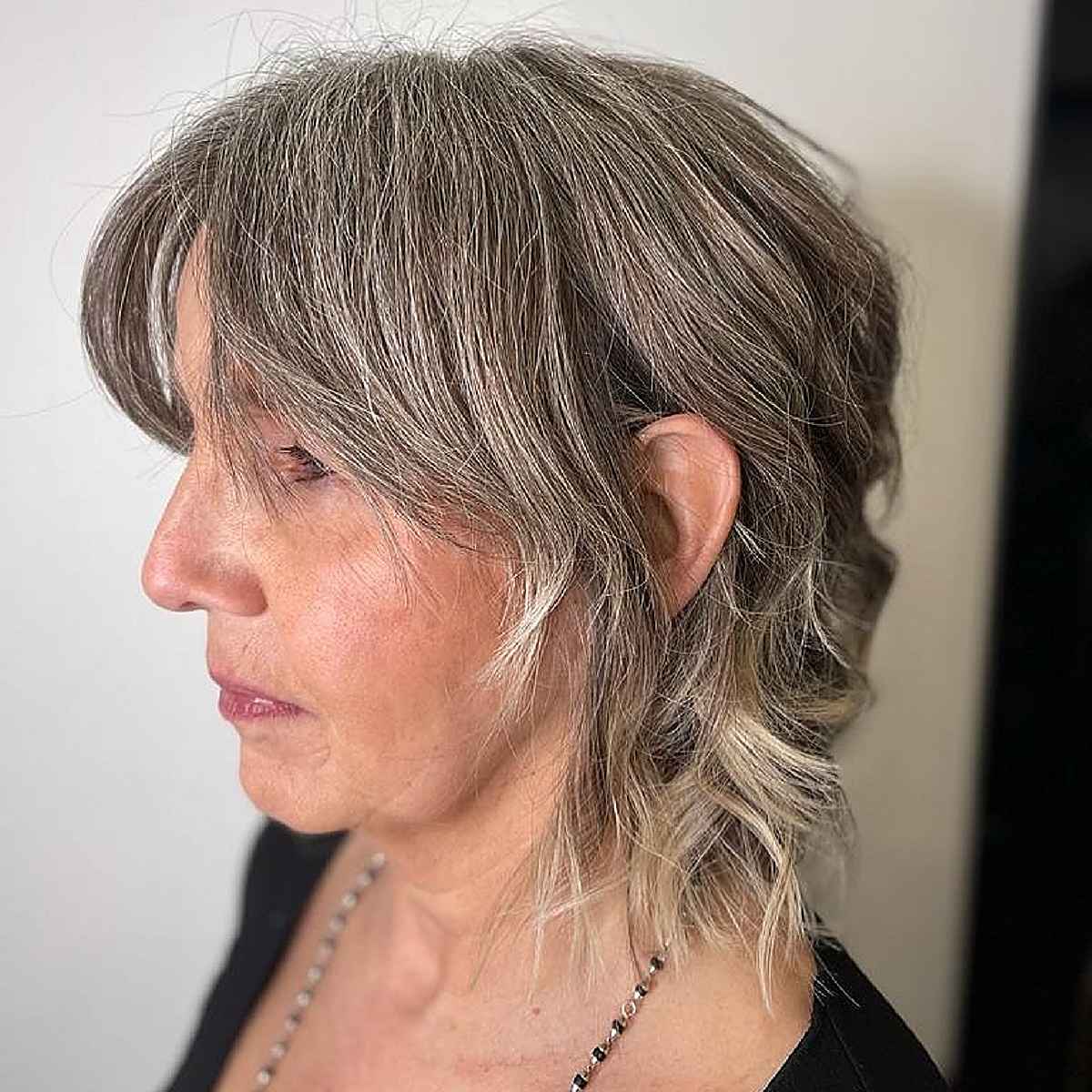 Mini Shaggy Mullet with Curtain Bangs for Grey Hair