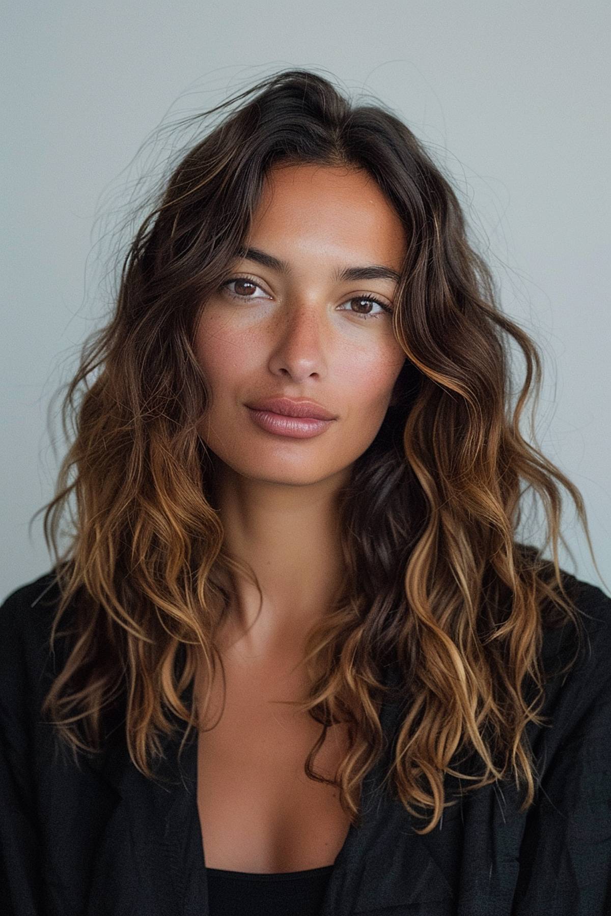 Natural wavy hair with misted texture and highlights