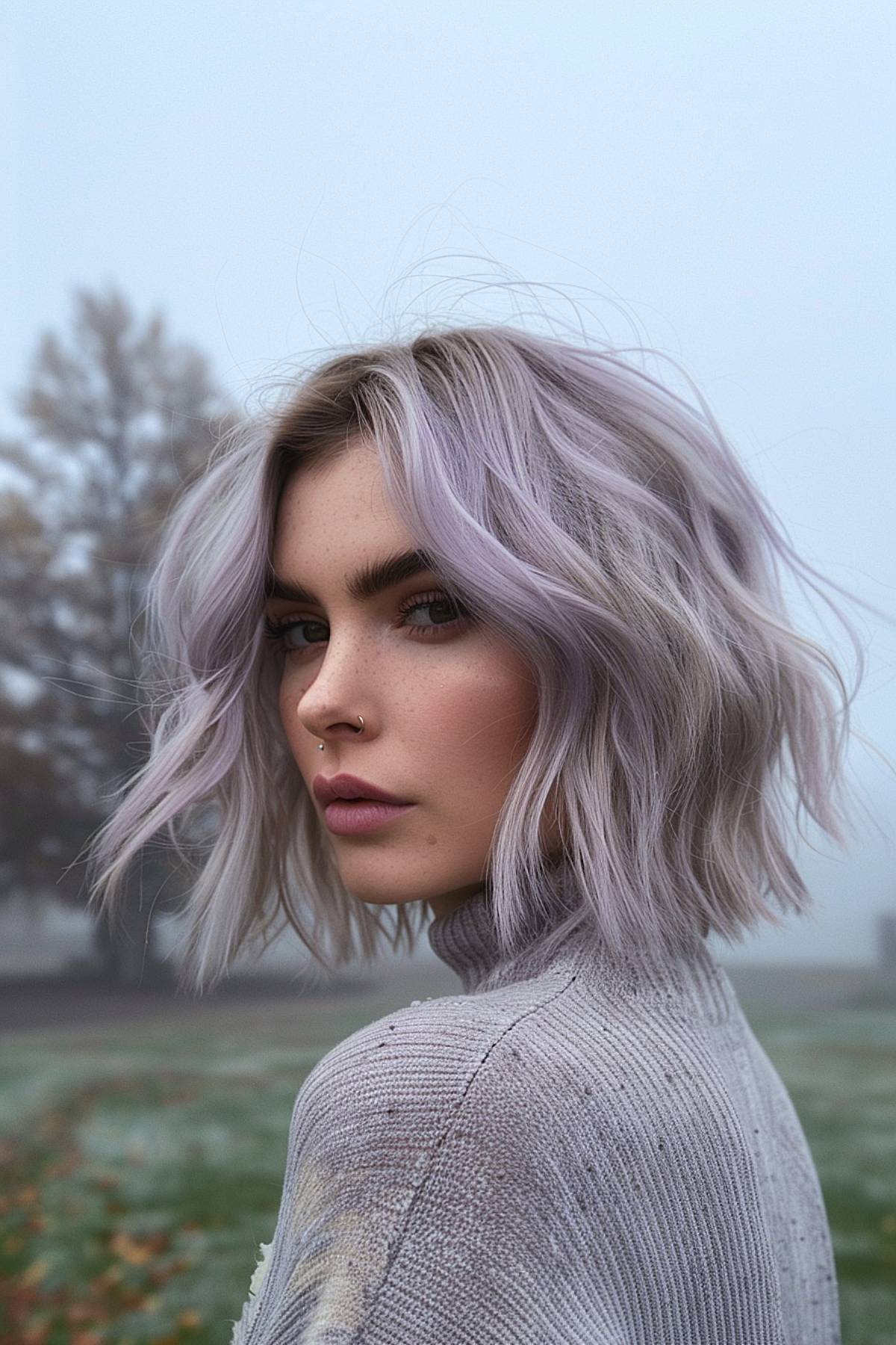 Mistycut bob with silver-lavender tones and soft waves