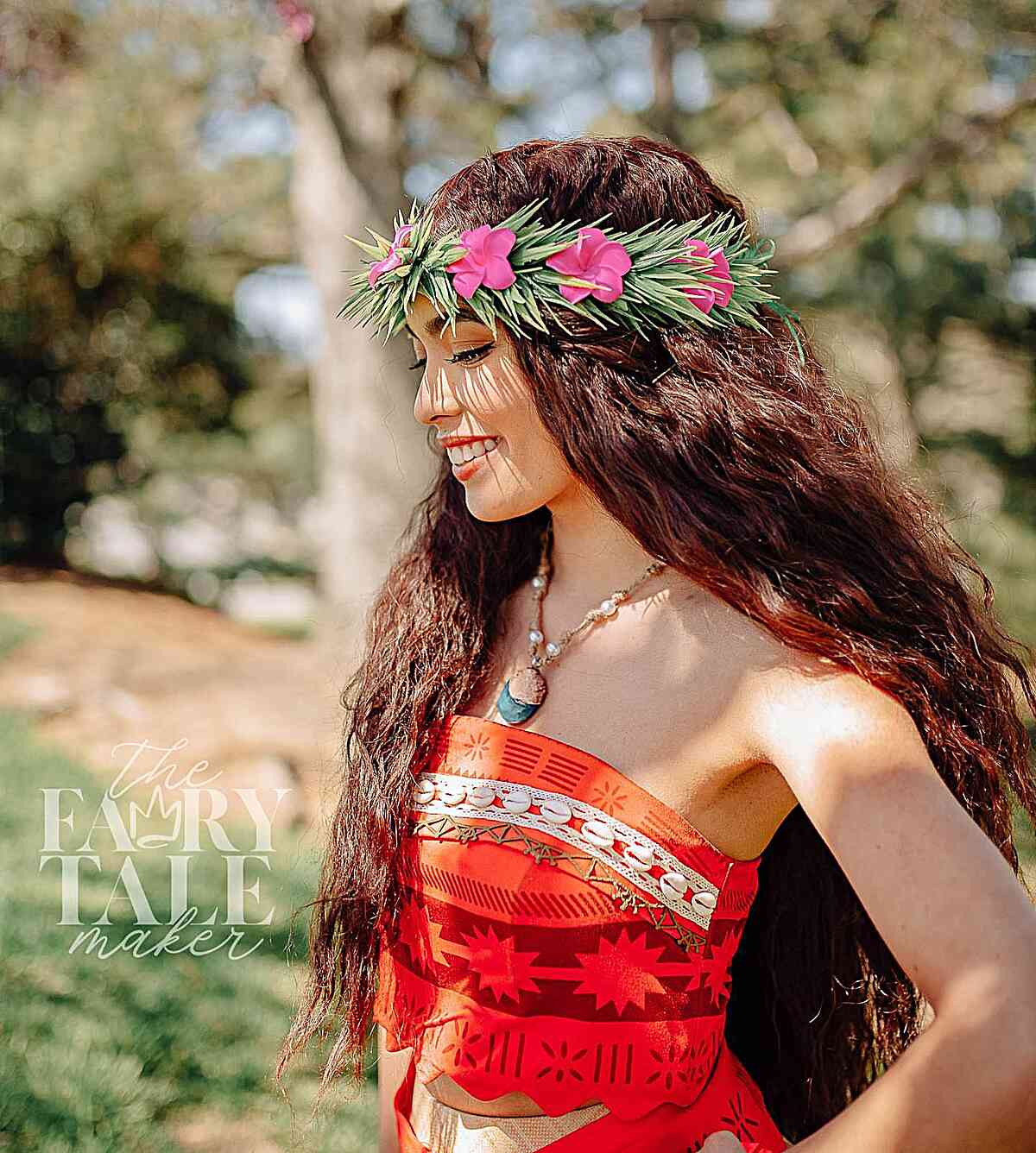Moana-Inspired Long Textured Hair with Flower Crown