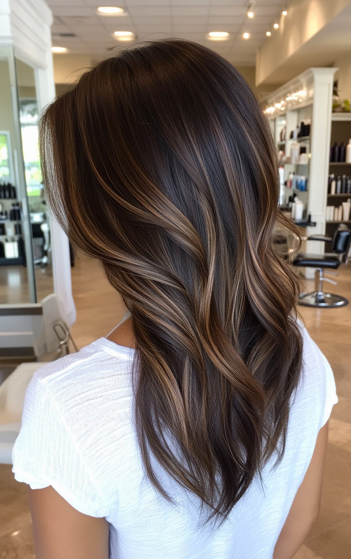 Mocha espresso hair color with caramel highlights for long layered hair