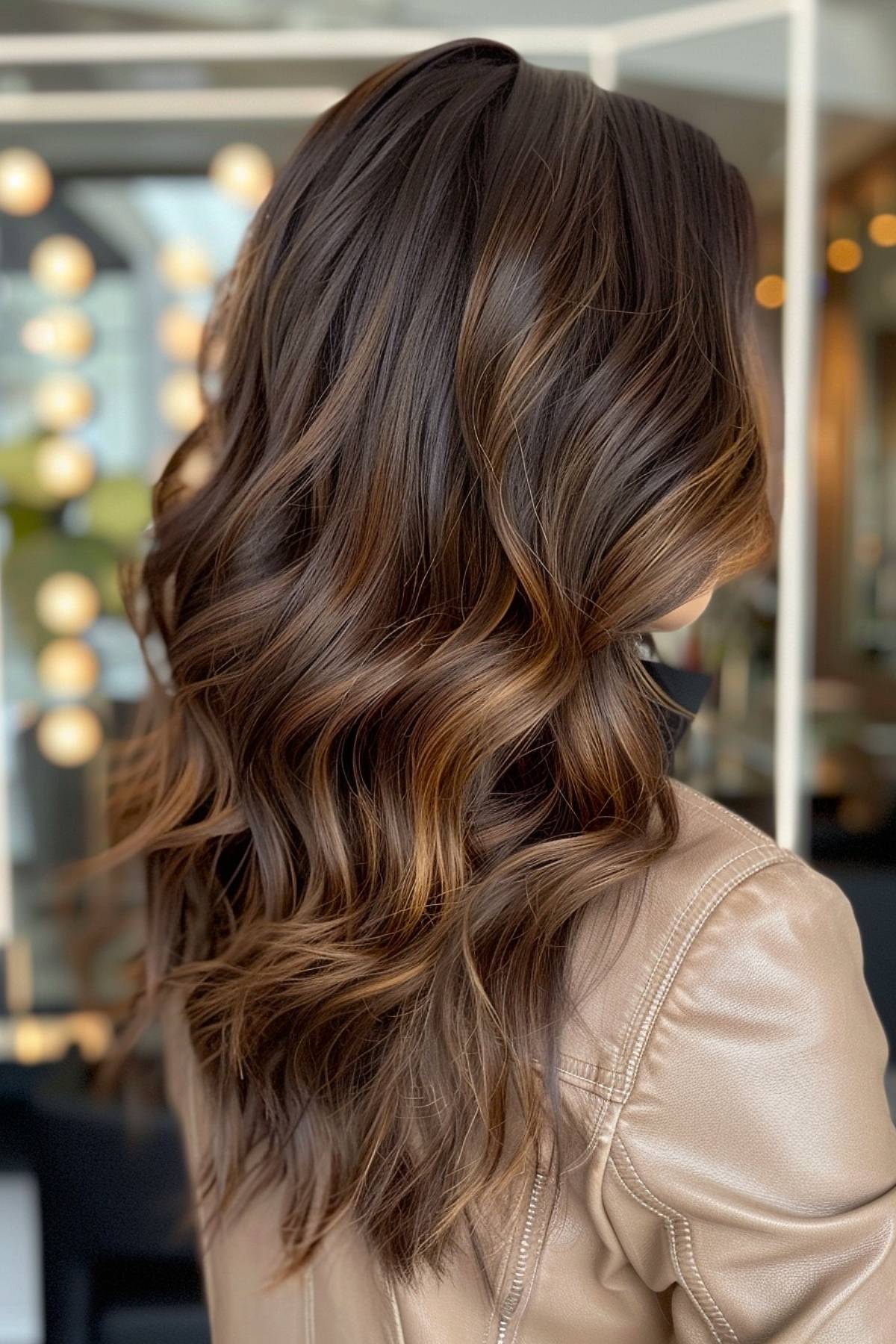 Rich mocha brown hair with subtle caramel and toffee highlights, adding warmth and depth