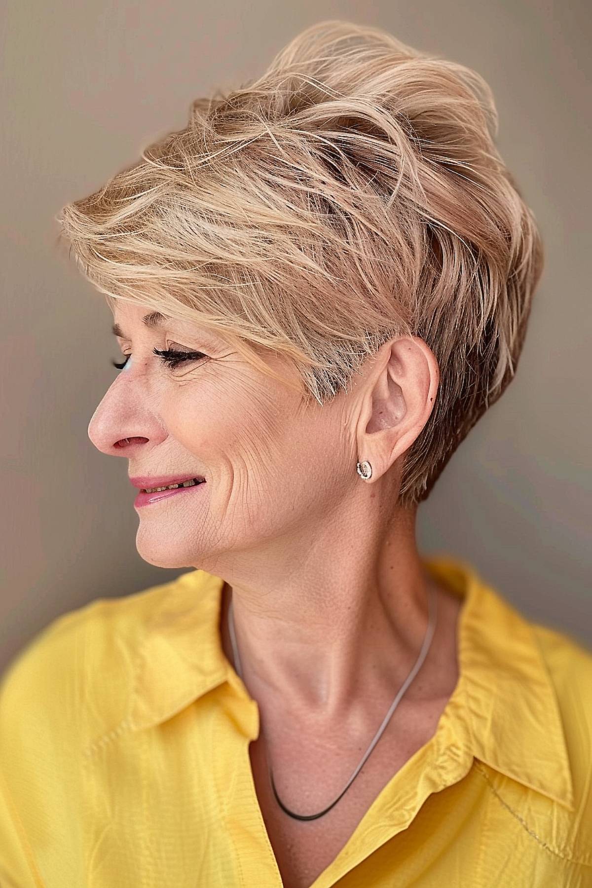 A mature woman with a modern angled pixie cut gives off an elegant and youthful look.