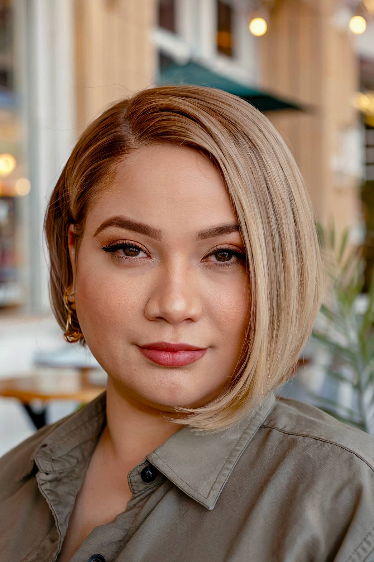 Asymmetrical bob haircut with one side longer for plus size women