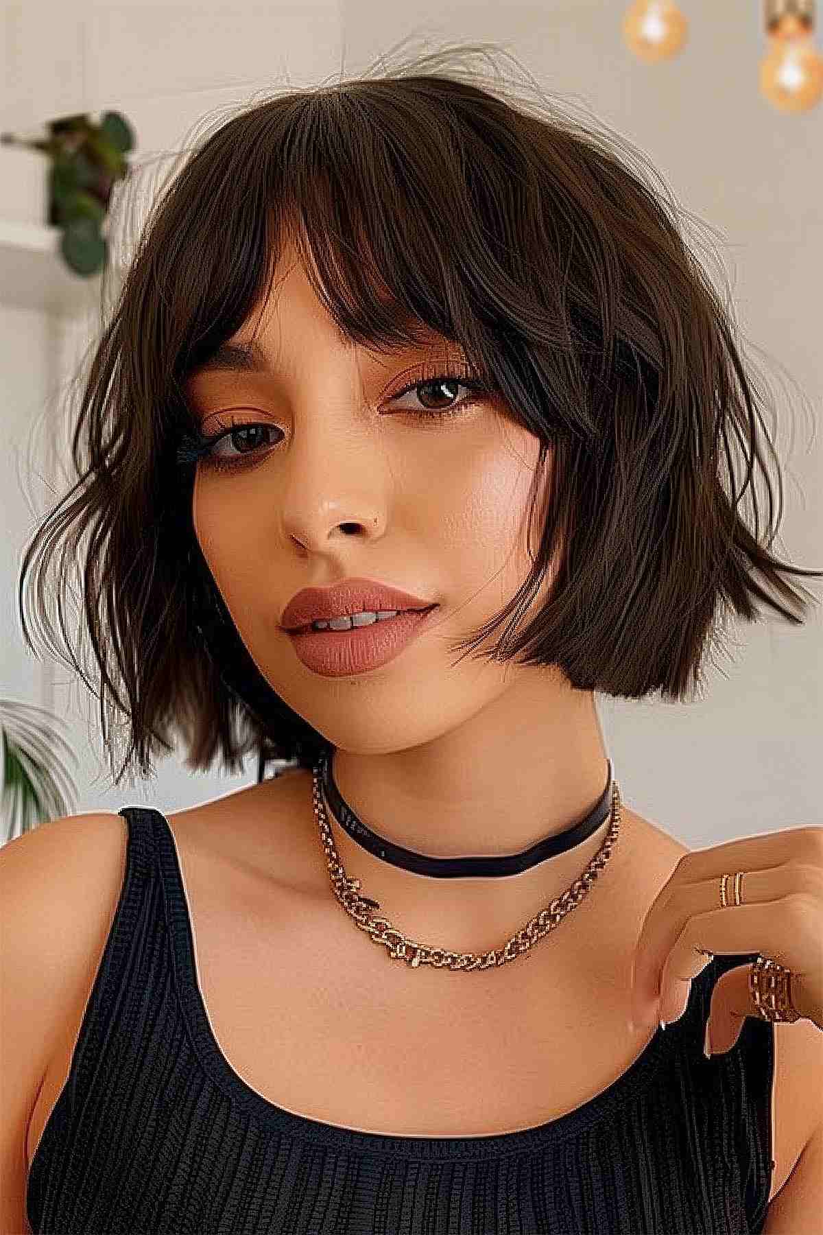 Modern bob with curtain bangs and tousled texture