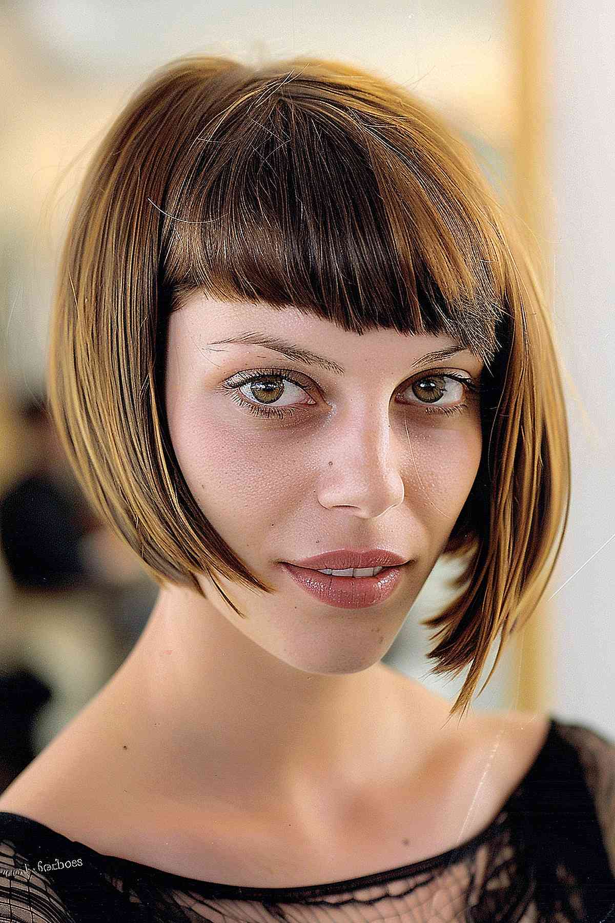 Woman with a modern bob and asymmetric micro fringe, perfect for emphasizing facial features in oval or long face shapes.