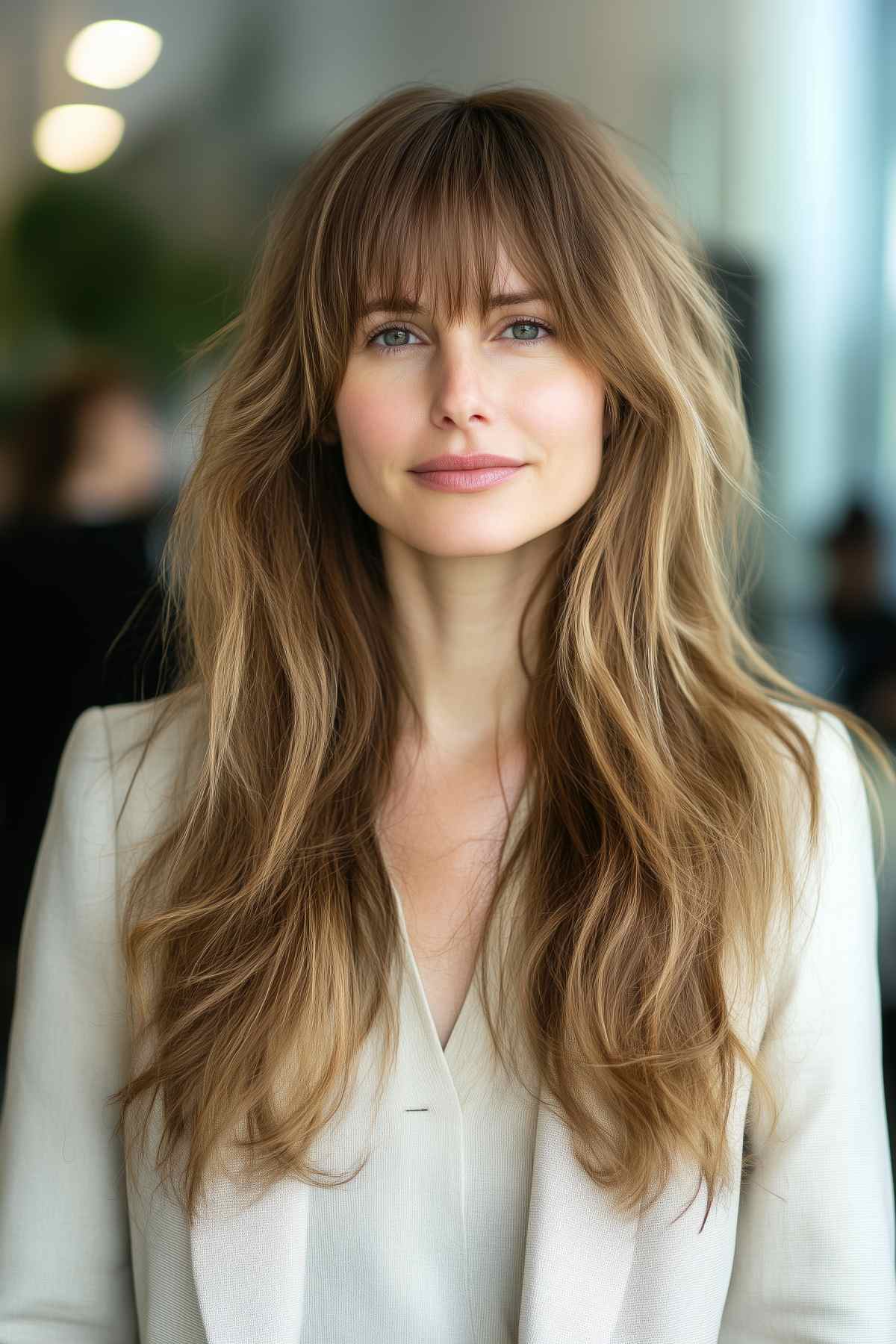 Long hair with messy layers and natural highlights for a carefree, tousled look