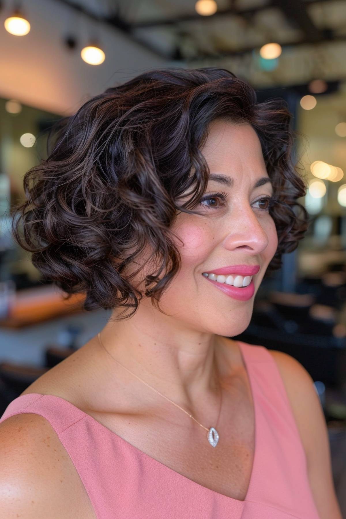 Angled curly concave bob haircut for older women with face-framing layers