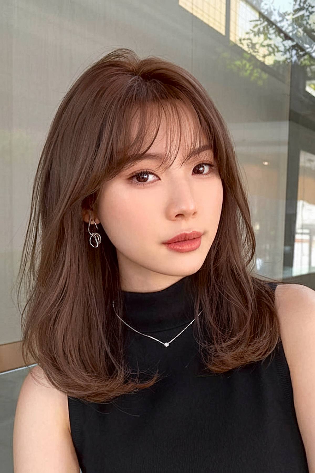 Layered medium length hair for Korean women with curtain bangs