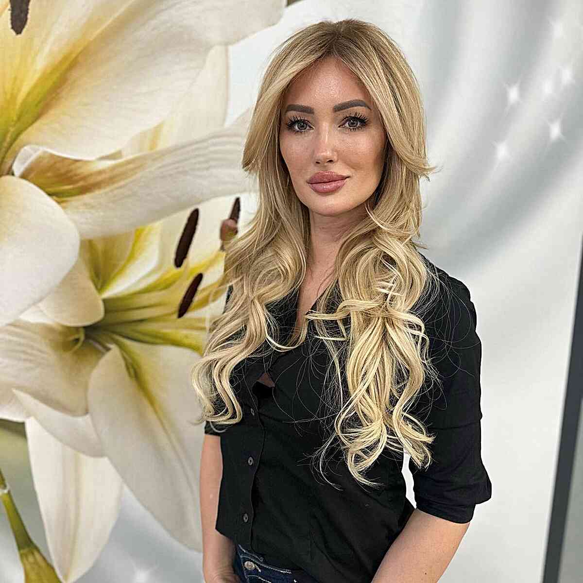 Modern Long Curtain Bangs for Long Hair with curled ends