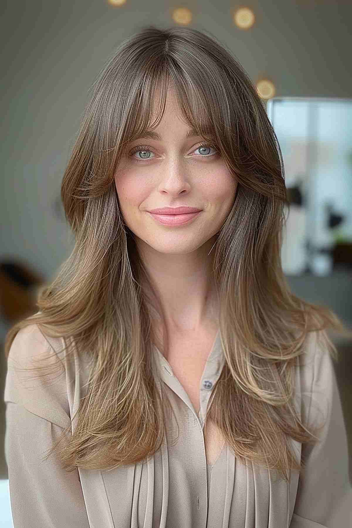 Woman with long layered hair and curtain bangs, styled for an oval face.