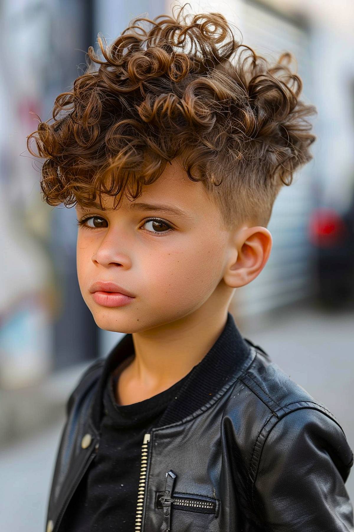 Long-top curly haircut with low fade for boys