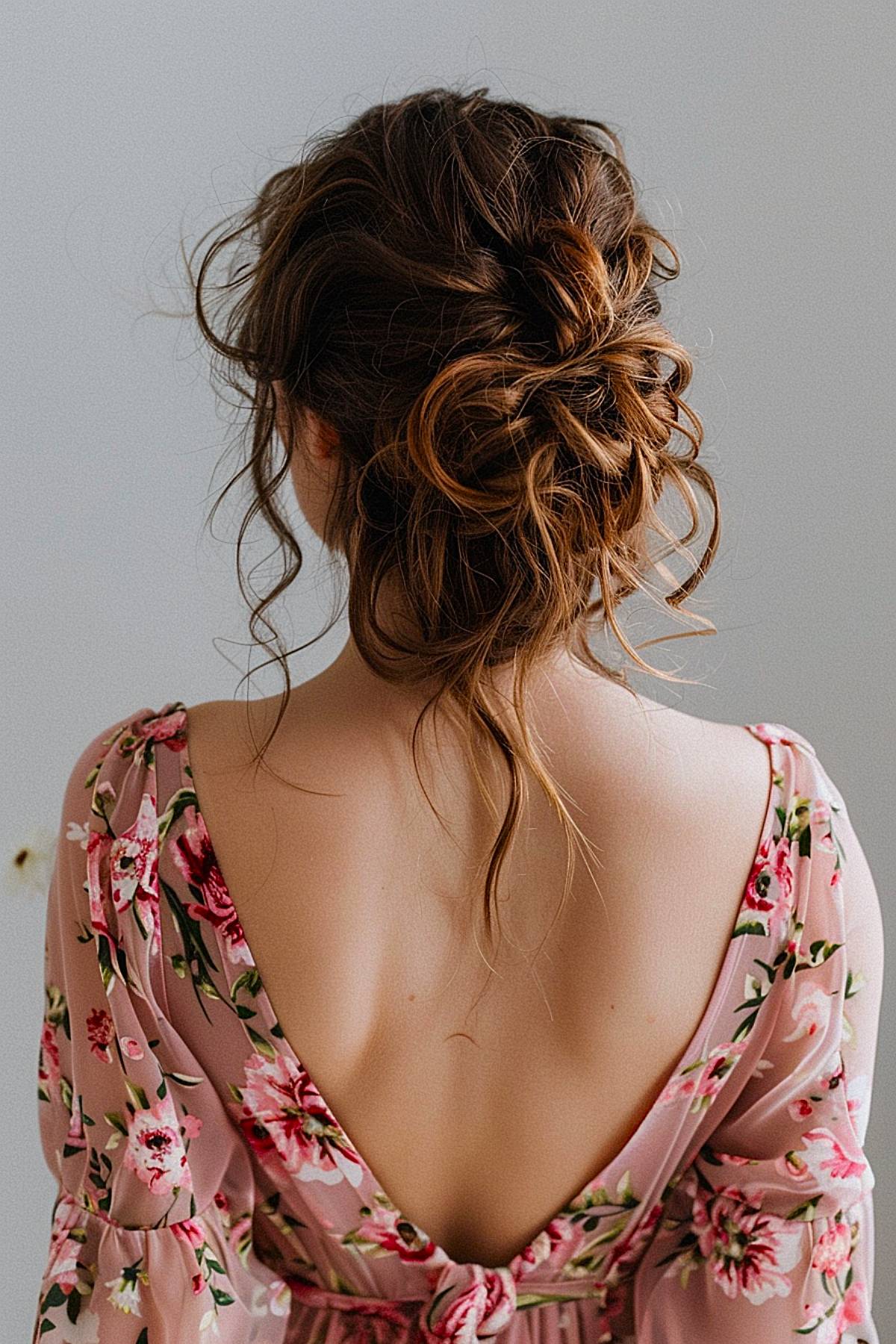 Messy bridesmaid hair bun updo with textured waves