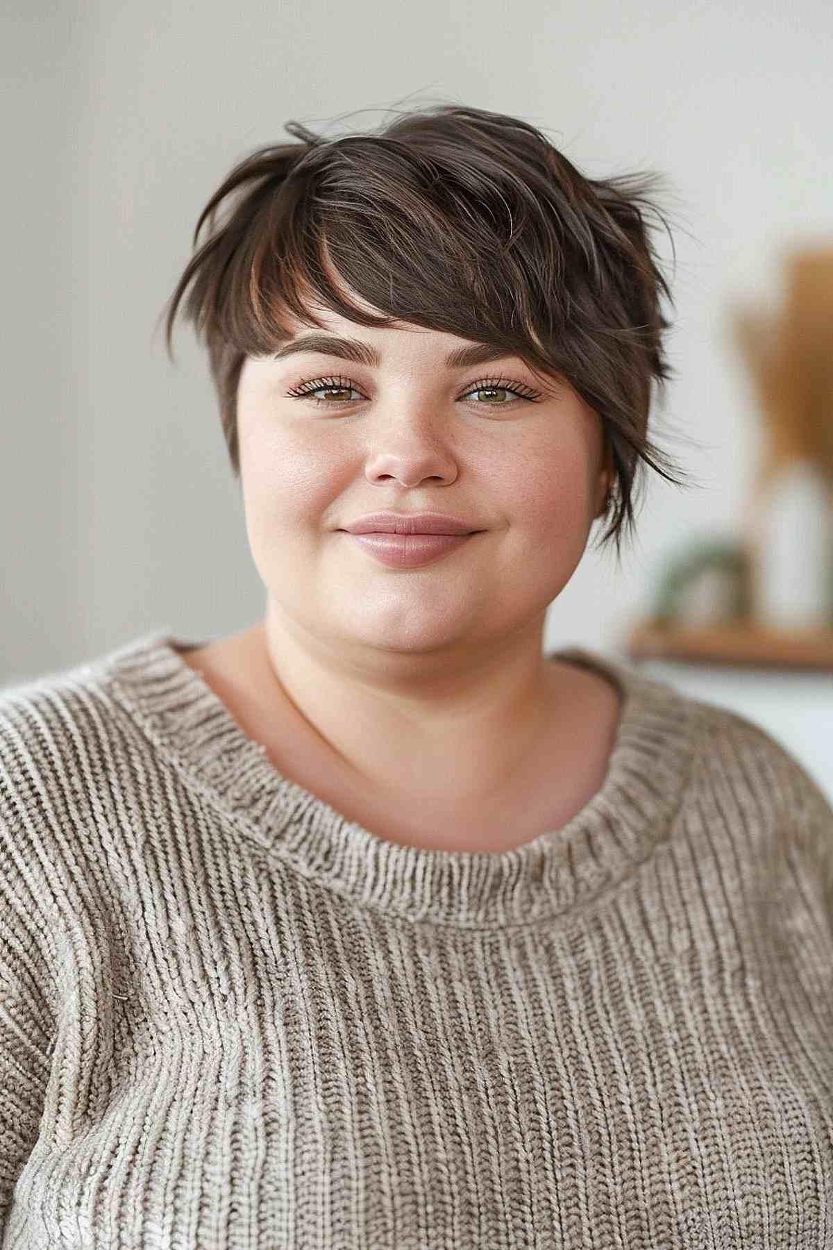 Modern pixie cut with bangs on full-figured woman with side-swept layers