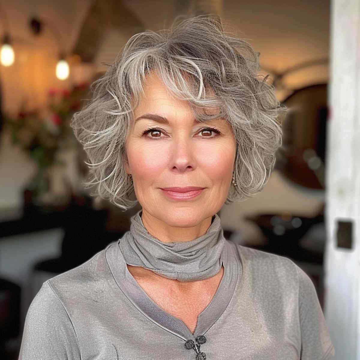 modern short and curly grey hair