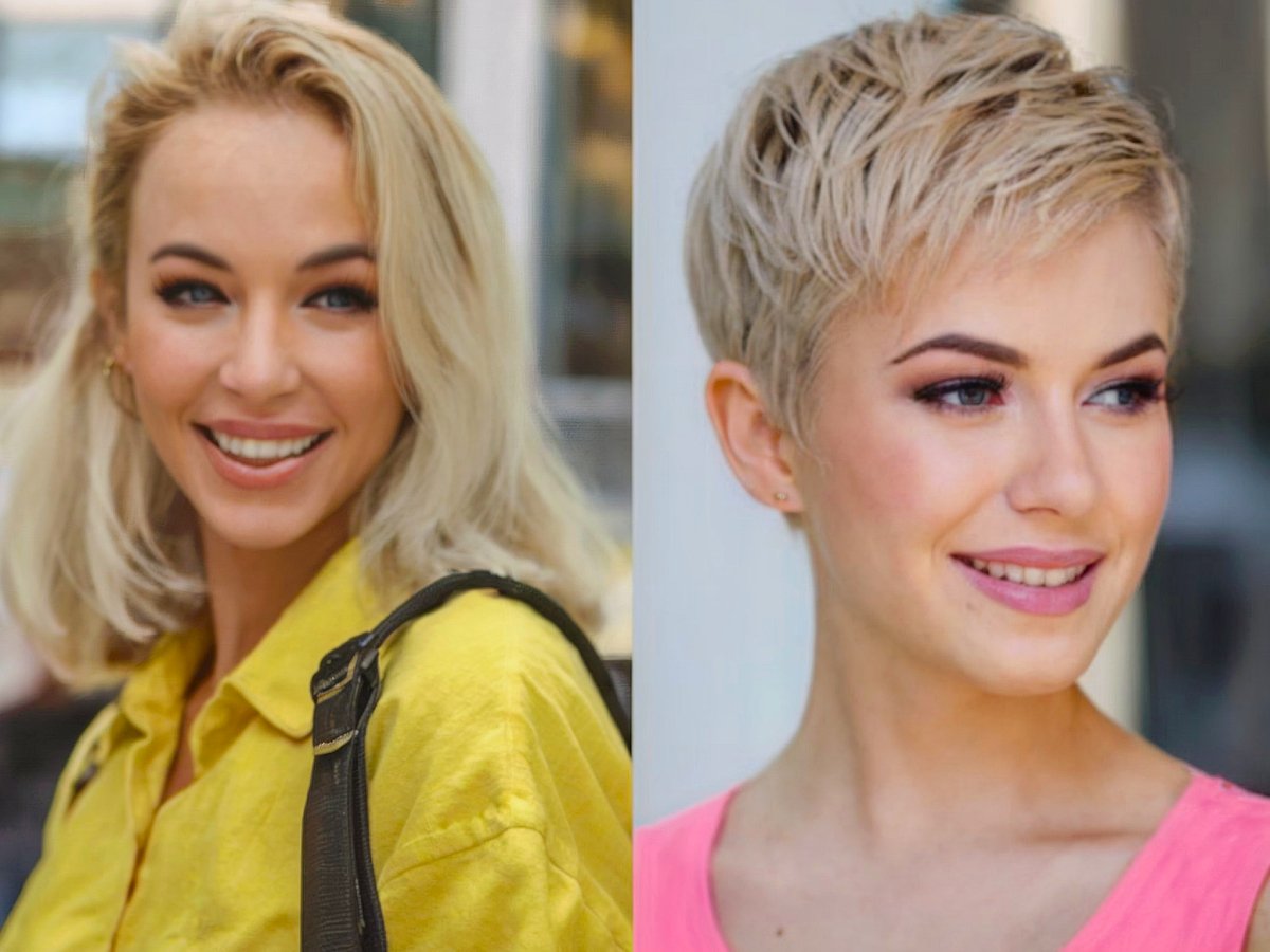 Before and after of shoulder-length blonde hair transformed into a modern textured blonde pixie cut