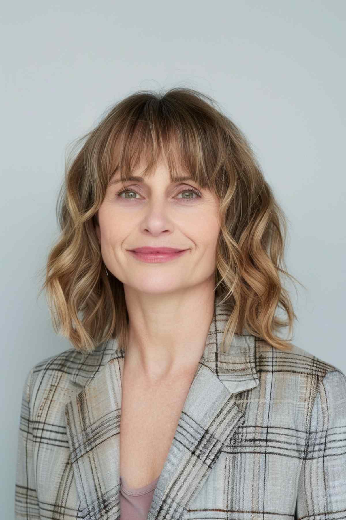 Woman with a modern wavy bob haircut with bangs, shoulder-length, soft waves