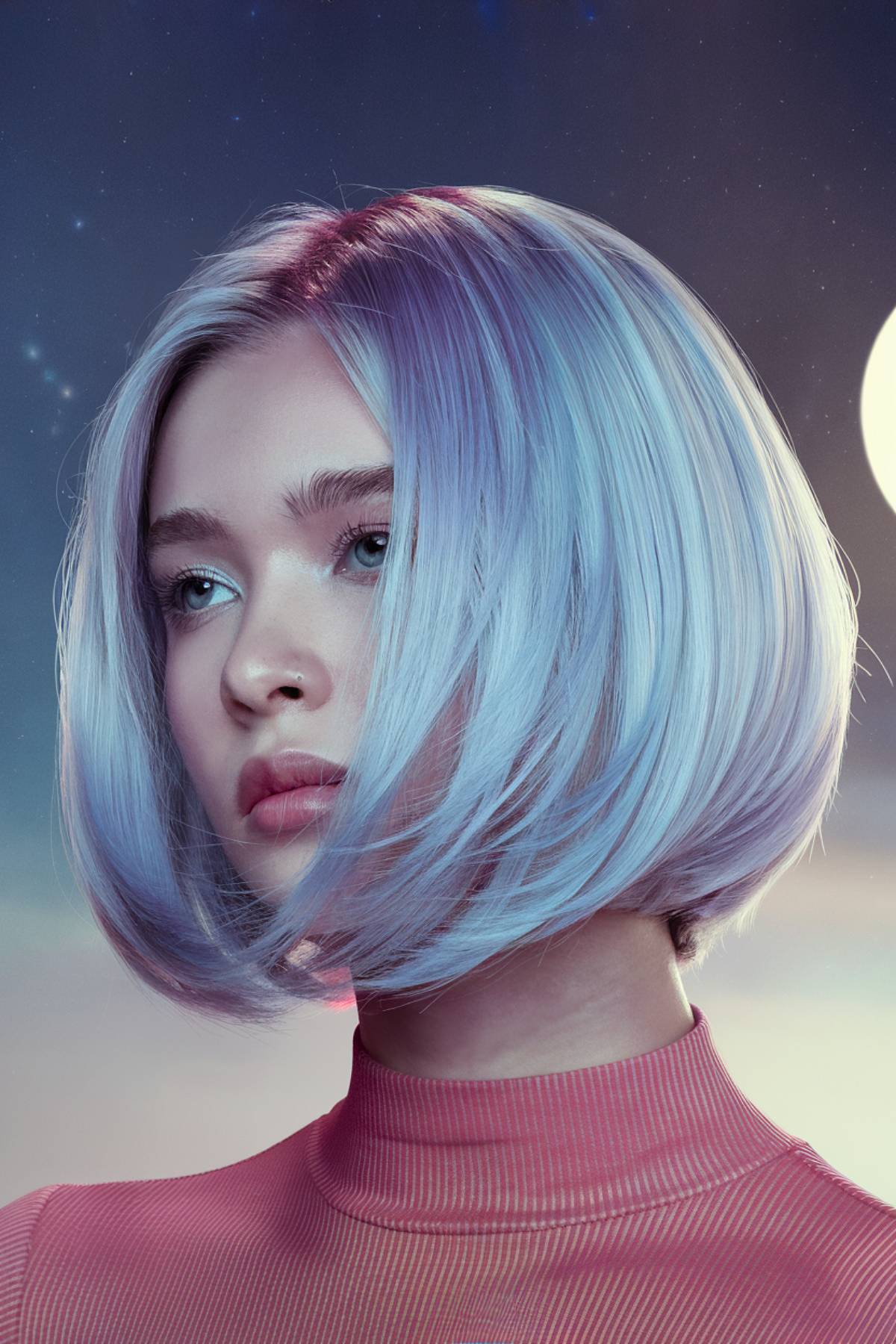 Moonbeam bob with soft lavender, icy blue, and silver hues, glowing like moonlight