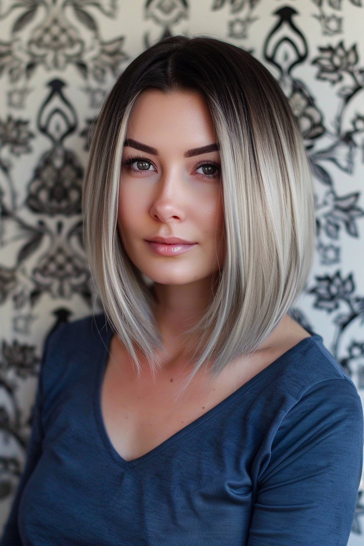 Moonphase haircut with voluminous layers and black-to-white gradient