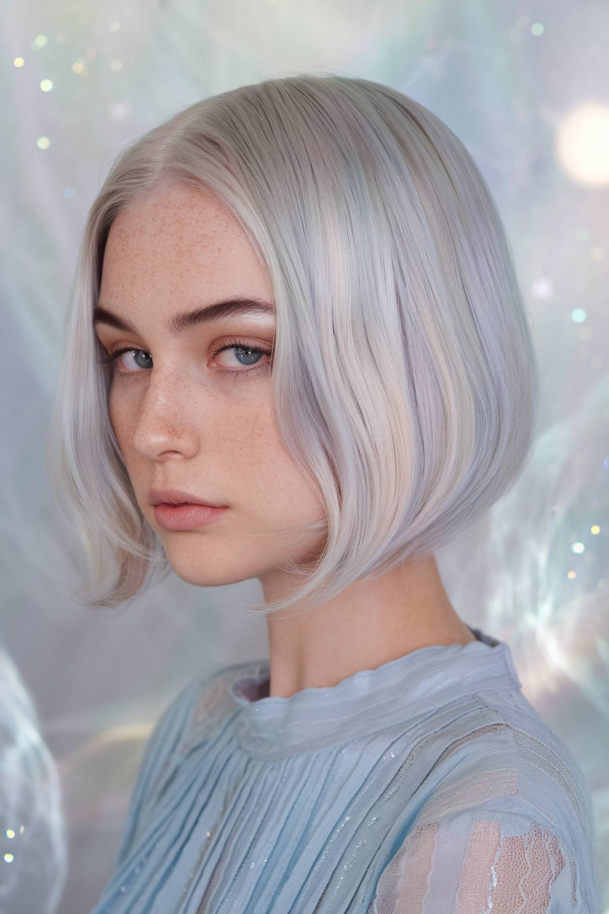 Moonstone-inspired bob with iridescent silver, pale blue, and soft lilac hues for a celestial look