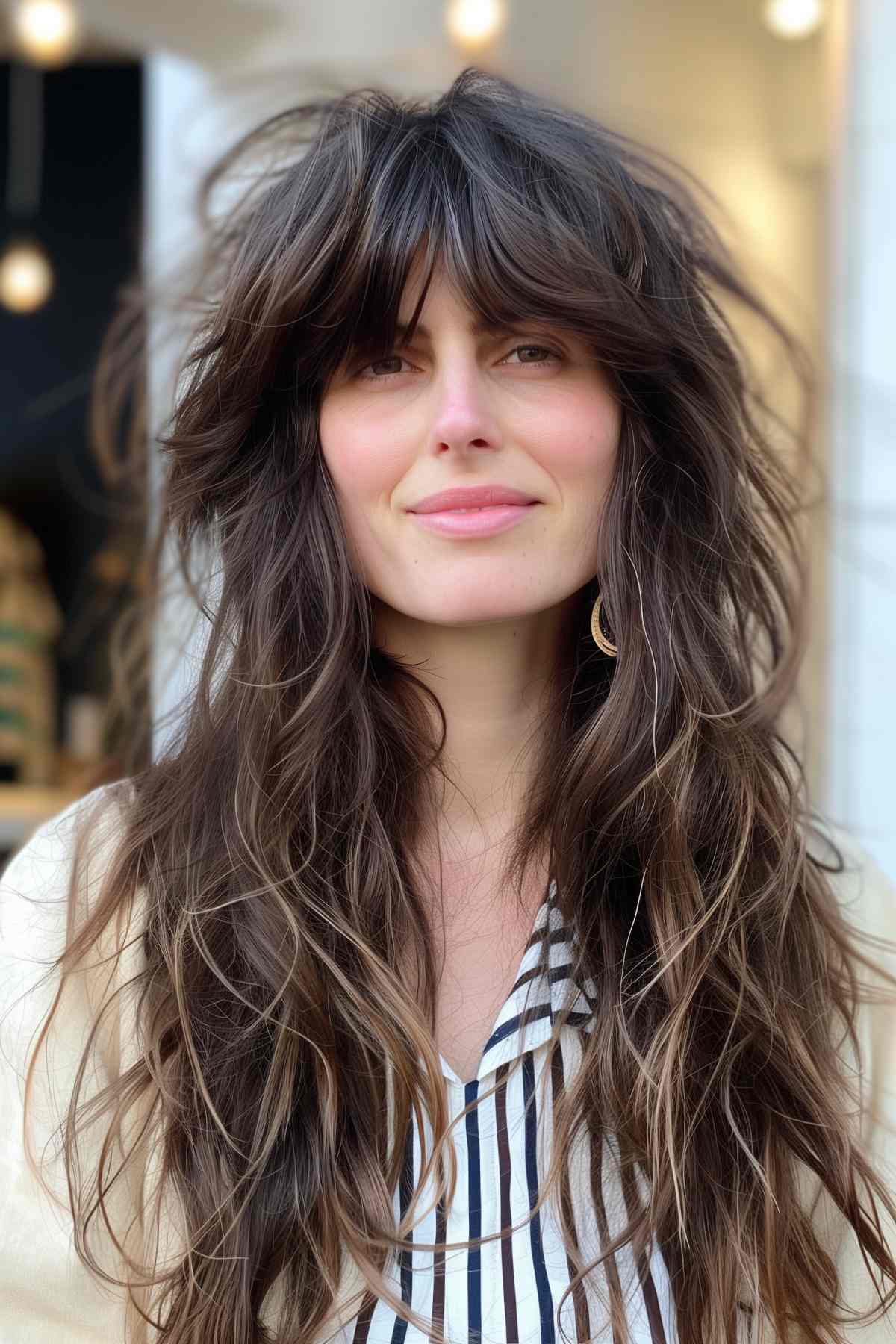 Woman sporting a 70s-style shag haircut, extended layers, and curtain bangs