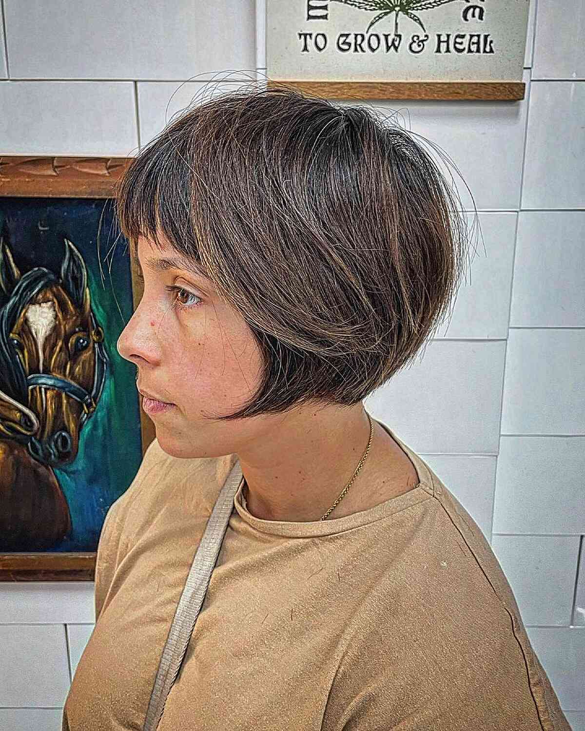 Adorable Long Bixie with Fringe for Voluminous Hair for ladies with dark brown hair and skin