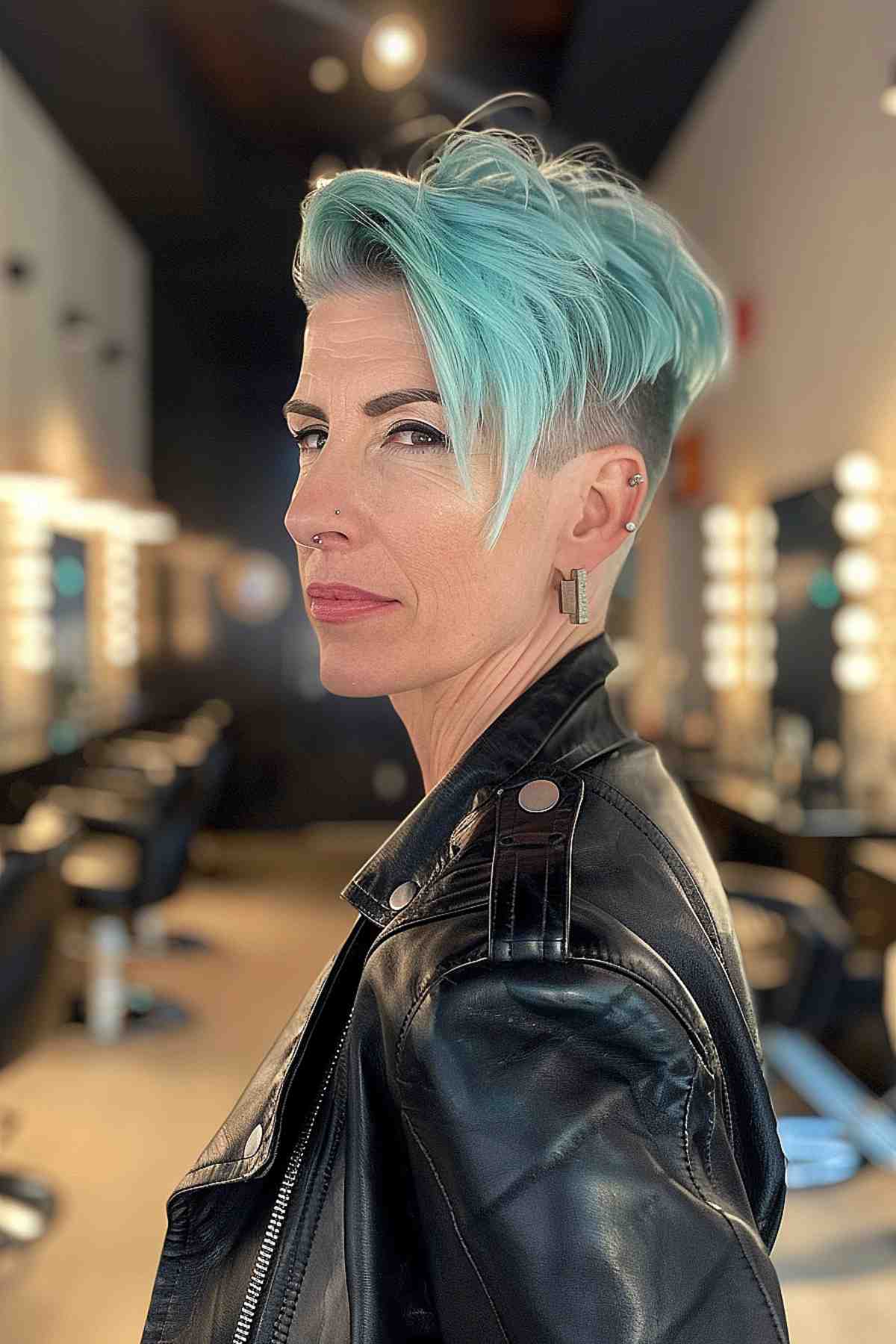 Woman with Aqua Blue Asymmetrical Undercut Hairstyle