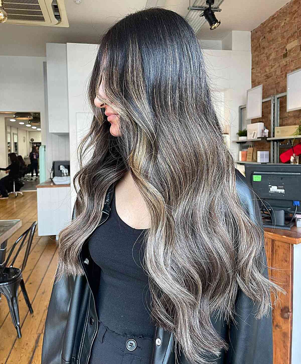 Very Long Ash Bronde Balayage Hairstyle on Darker Base