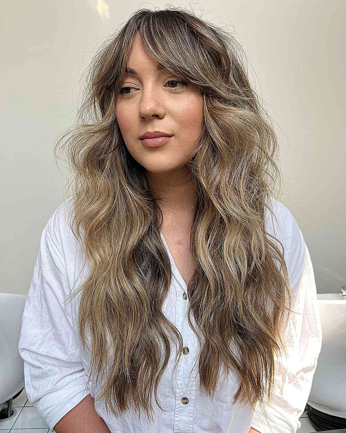 Ash Brown Long Shag with Bangs for textured hair