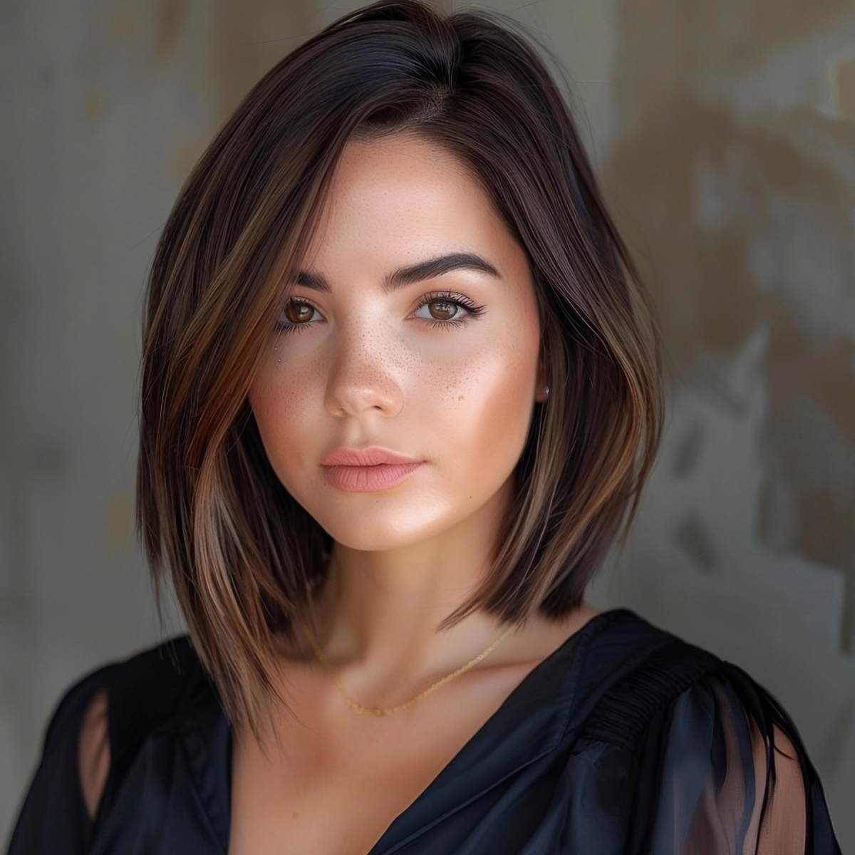 Asymmetrical Shoulder-Length Bob Featuring Delicate Golden Blonde Highlights